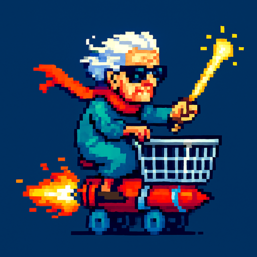 Pixel art sprite of a fierce old lady wearing sunglasses and a scarf, riding a rocket-powered shopping cart. She’s holding a glowing cane like a weapon. Side view, colorful retro 2D style.


PNG.
In-Game asset.  2d.  High contrast.  No shadows