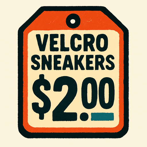 Price tag that says Velcro sneakers $2.00.
In-Game asset.  2d.  High contrast.  No shadows