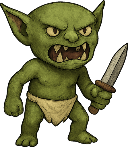 a goblin with a dagger realistic. No background. Transparent background. Blank background. No shadows. 2d. In-Game asset. flat