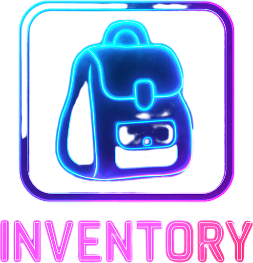Neon cyberpunk bag inventory button icon magic glowing futuristic 3d hologram