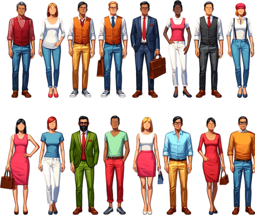 People who are midle class.
Single Game Texture. In-Game asset. 2d. Blank background. High contrast. No shadows.