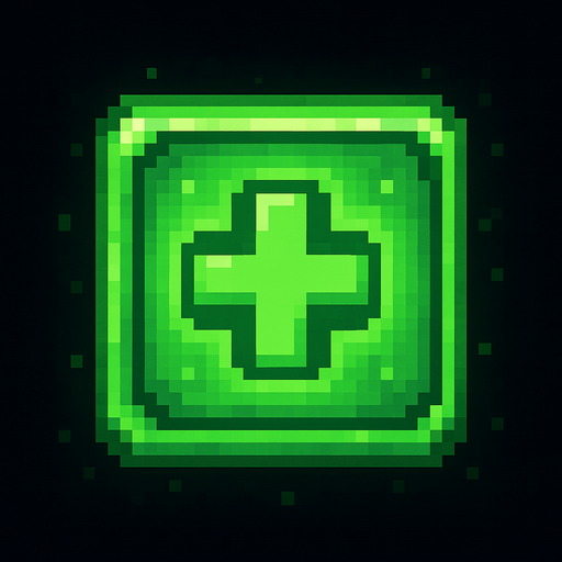 Pixel art of a green power-up icon with a heart or medical cross symbol inside. Represents healing in a 2D pixel arcade game. Glowing green, square icon.
In-Game asset.  2d.  High contrast.  No shadows