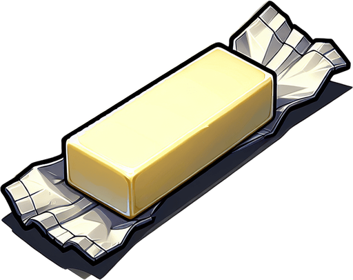 a butter stik in its wrapper. Single Game Texture. In-Game asset. 2d. Blank background. High contrast. No shadows.