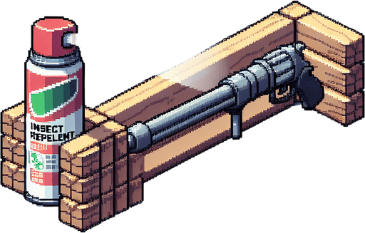Genera un tipo de aerosol contra insectos que este acostado sobre dos pedazos de madera, como si fuese un cañon, tomalo de perfil mirando a la deracha y hazlo en pixel art.
Single Game Texture.  In-Game asset.  2d.  Blank background.  High contrast.  No shadows