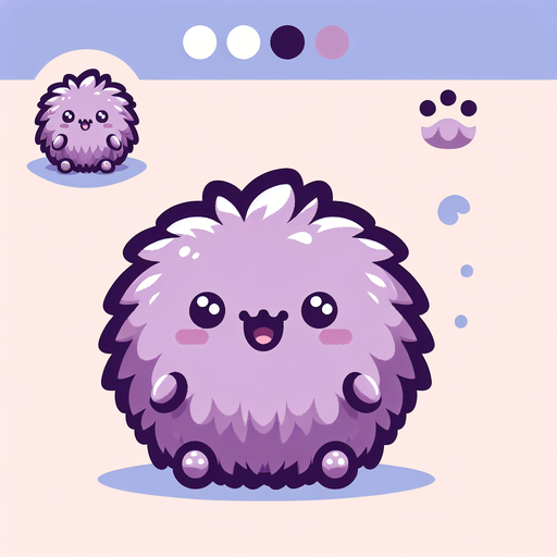 a purple furry cuddly ball of fur. little feet. No ears. cute happy face. Cartoon style. Cute art style. Simple vector style. Pastel colors, flat shaded, vector art. Single Game Texture. In-Game asset. 2d. Blank background. High contrast. No shadows