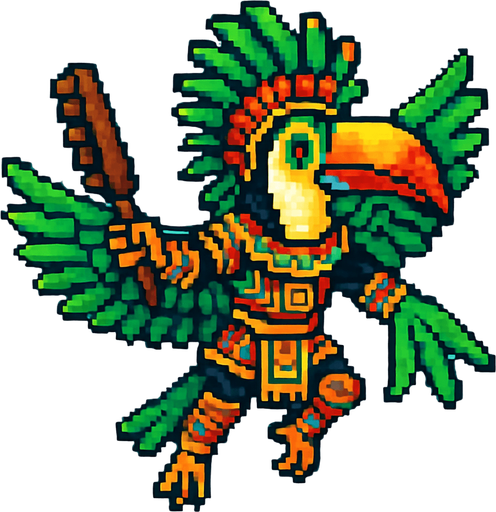 Generame un guerrero azteca con patrones, estilo pixelar, además será Tucán toco , unidad voladora con alas, con efectos de viento. Tiene que ser un animal..
In-Game asset.  2d.  High contrast.  No shadows