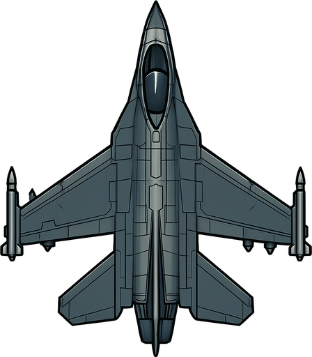 üstten görünümlü F 16 ile benzer ama daha gelişmiş gözüken savaş uçağı png resim.
In-Game asset.  2d.  High contrast.  No shadows