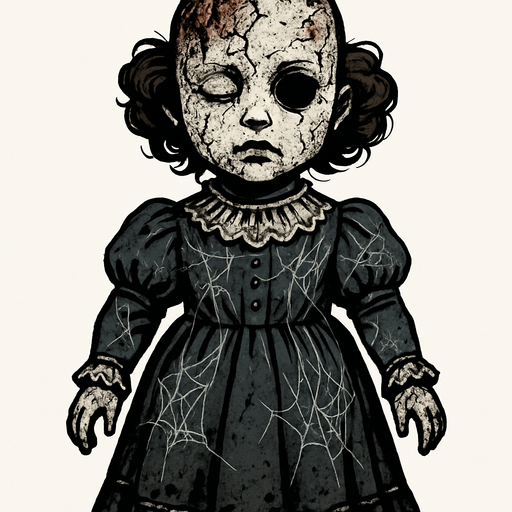 one scary porcelain doll. It is clear from the whiteness of his skin that he has been standing there for years, one eye is completely closed and one eye is open but he has no eyes (jet black). She has suffered blows for years, fractures and burns on her head, and her beautiful dress is covered with cobwebs..
In-Game asset.  2d.  High contrast.  No shadows