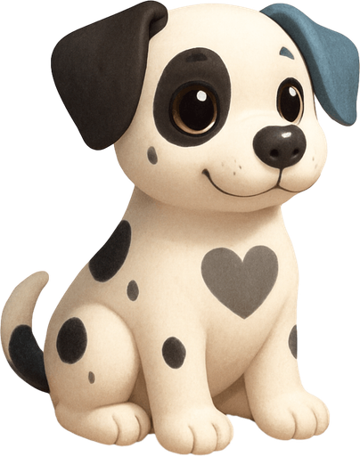 A white dog with black spots on him and one ear black and one ear blue. Make it a sitting dog with a heart grey hole in the middle of the body and make it SOOOO  cute with big cute eyes with shines in them and make the dog facing right.
Kinda 3d. Some Shadows.