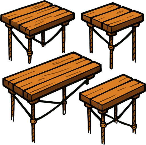 Tarimas con cuerdas tensadas flotando debajo..
In-Game asset.  2d.  High contrast.  No shadows