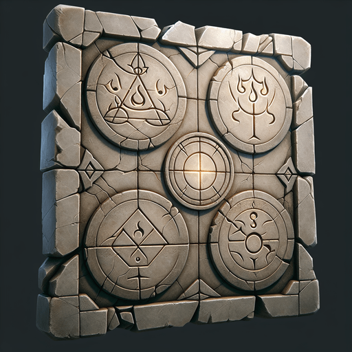 a cracked stone tablet or ancient scroll depicting elemental symbols with a subtle glow..
Single Game Texture.  In-Game asset.  2d.  Blank background.  High contrast.  No shadows