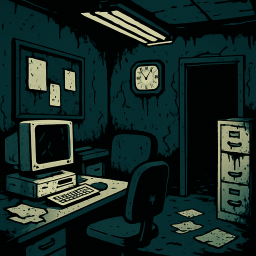 a creepy office.
In-Game asset.  2d.  High contrast.  No shadows