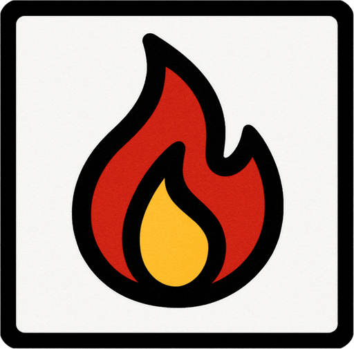 top-down view, simple minimal white square icon, centered flame symbol inside, clear sharp lines, no background, clean style, for game UI button, 30x30 px, black red yellow.
In-Game asset.  2d.  High contrast.  No shadows