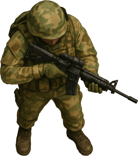 Army Soldier with gun. Topview.