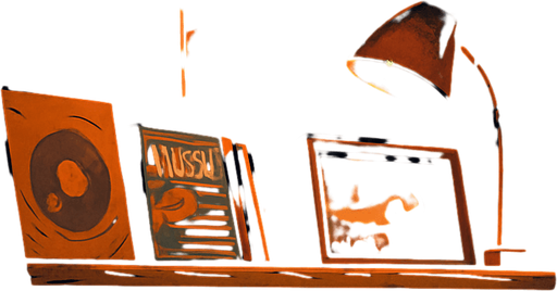 A 2048x2732 vertical background illustration in a semi-realistic comic book style. The setting reveals a nostalgic, dimly lit corner of the same urban apartment from the previous scenes. This part of the room showcases a personal wall collage filled with printed photographs, old event posters, and handwritten notes — all pinned with care and glowing softly under a small warm desk lamp. A wooden shelf holds vinyl covers, retro magazines, and a framed photo of a live DJ performance. On a nearby desk, a coffee mug steams next to an analog tape recorder, gently lit by the reflection of neon city lights from outside the window. The atmosphere is rich with memories, inspiration, and creative legacy. No characters, no text — just a sentimental space for the credits menu backdrop..
In-Game asset.  2d.  High contrast.  No shadows