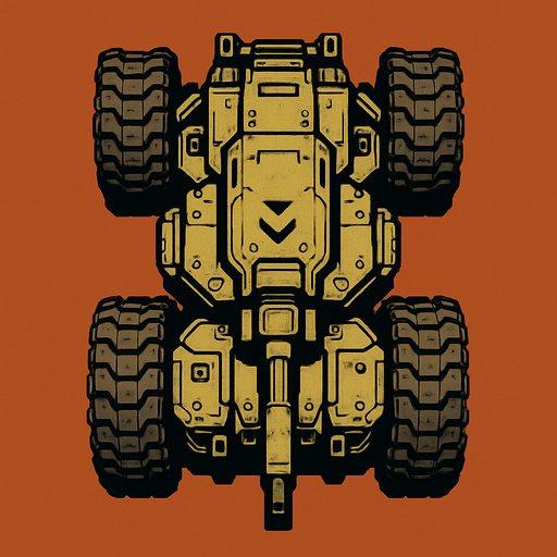 Top view of a Heavy armored military ground drone.
In-Game asset.  2d.  High contrast.  No shadows