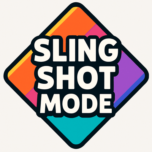 Diamond shaped colourful button that says sling shot mode.
In-Game asset.  2d.  High contrast.  No shadows