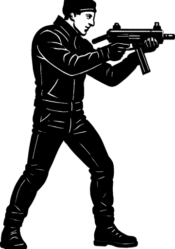 un motociclista vestido de negro apuntando con una smg de cuerpo completo con perspectiva lateral 
In-Game asset.  2d.  High contrast.  No shadows sin casco y sin moto