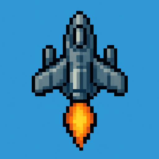 Пиксельный корабль сверху с нарисованным огнем спереди вид сверху.
In-Game asset.  2d.  High contrast.  No shadows