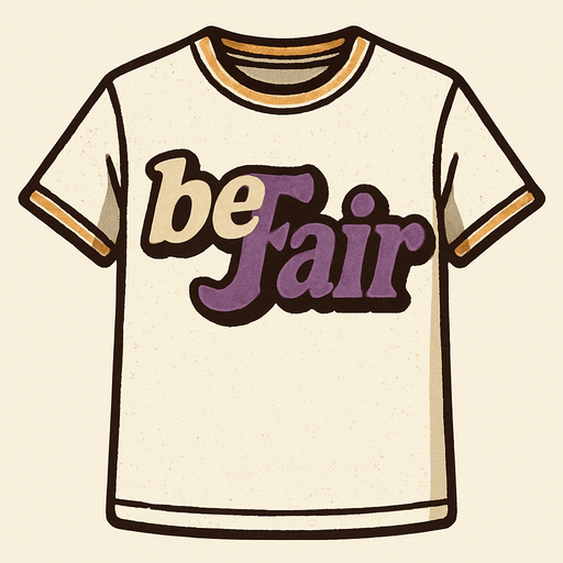 Beyaz bir t-shirt oluştur . üsütünde beFair yazsın t-shirtün . be beyaz Fair mor renkte olsun . retro temada olsun.
In-Game asset.  2d.  High contrast.  No shadows