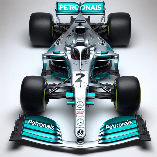 Real life Silver f1 mercedes race car with turquoise green lines and REARwings and white "PETRONAIS" text on wings.
Red race number on car nose. Black peace logo, black Blackberry text on sides. TOP VIEW