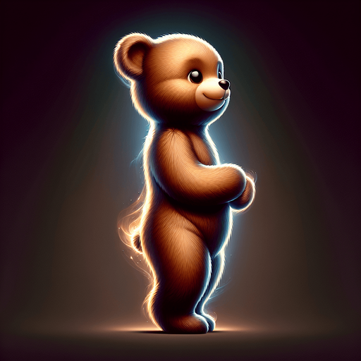 A cute brown teddy bear from his right profile, standing, looking to the right direction and smiling with his hands in front of him. Feeric style. No background. No shadows. No back light. High contrast. Single Game Texture. In-Game asset. 2d.