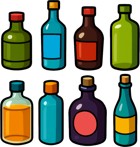Pack of different bottles.
In-Game asset.  High contrast.  No shadows. 3D