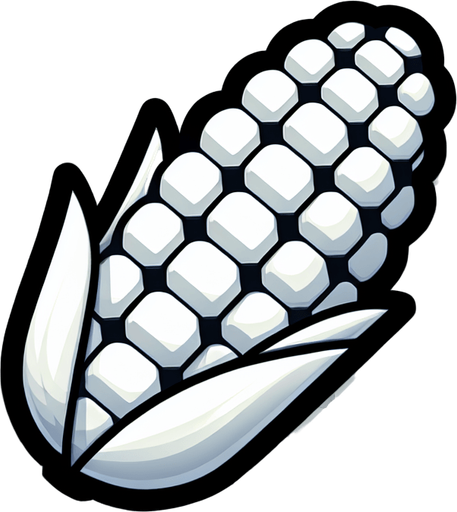 Computer game, White corn, flat shaded. Low detail, Single Game Texture. In-Game asset. 2d. Blank background. High contrast. No shadows. Thin black outline