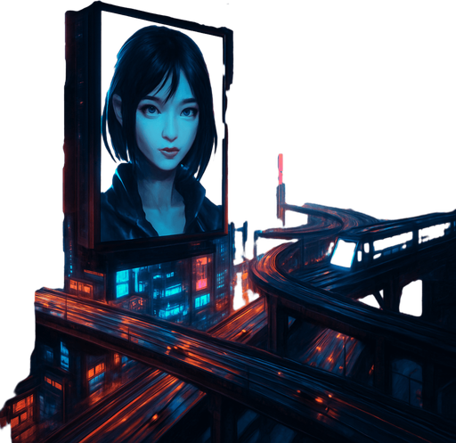 Cyberpunk city. have digital screens and digital girl have black hair talking on it. towers. from above. cars on roads. Trains roads. HD colors.