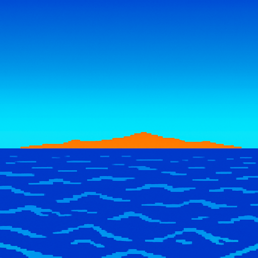 Above water ocean background showing clear sky with gradient and land far away against the horizon. Minimal detail.  80s arcade machine graphics..
In-Game asset.  2d.  High contrast.  No shadows
