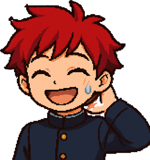 A kawaii anime boy scratches the back of his neck while laughing with his eyes closed, as a bead of sweat runs down his cheek