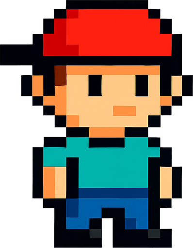 a pixel boy with a hat and a t-shirt.
In-Game asset.  2d.  High contrast.  No shadows