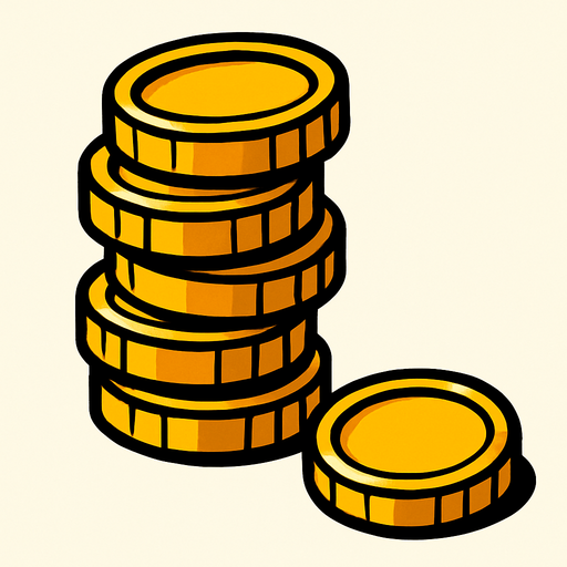 5 tane üst üste durmuş, kule gibi ama yamuk olan ve bir tanede yere düşmüş madeni para.
In-Game asset.  2d.  High contrast.  No shadows