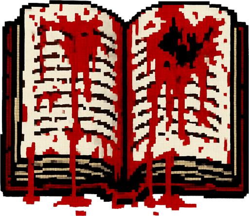 an open book with blood, terrifying pixel art.
In-Game asset.  2d.  High contrast.  No shadows