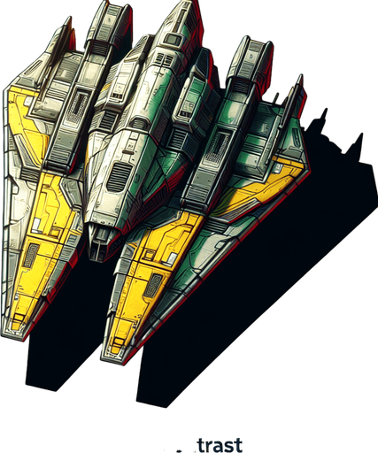 triangular space ship, yellow/green.
Single Game Texture.  In-Game asset.  2d.  Blank background.  High contrast.  No shadows