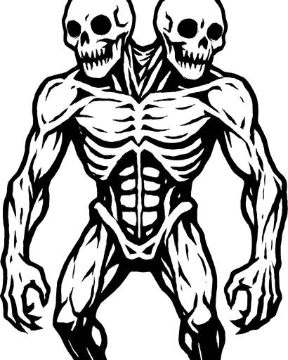 montruo blanco de ojos negros de dos cabezas musculoso esqueletico.
In-Game asset.  2d.  High contrast.  No shadows