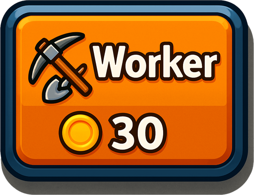 Crea un botón interactivo UI estilo 2D renderizado, limpio y cartoonish. Debe tener contornos definidos, colores vibrantes y sombreado que dé volumen. Será un rectángulo con esquinas ligeramente redondeadas, coherente con el botón de Torre. El fondo del botón será sólido y neutro (metal/piedra sutil), similar al botón de Torre para mantener coherencia UI.

El botón debe contener:

Texto Principal: La palabra "Worker" (Trabajador) claramente visible en la parte superior central.

Icono Secundario (Opcional): Un símbolo estilizado que represente el trabajo o recolección (ej. un pico y una pala cruzados, o un casco de minero), ubicado a la izquierda del texto "Worker" (o a la derecha, si el diseño lo favorece).

Precio: El texto "30 Oro" (o símbolo de oro y "30") claramente visible en la parte inferior central (o en una esquina inferior). Este precio debe ser una parte integral del diseño del botón (mismo asset).

Los colores de texto/icono deben contrastar claramente con el fondo (ej. bl.
In-Game asset.  2d.  High contrast.  No shadows