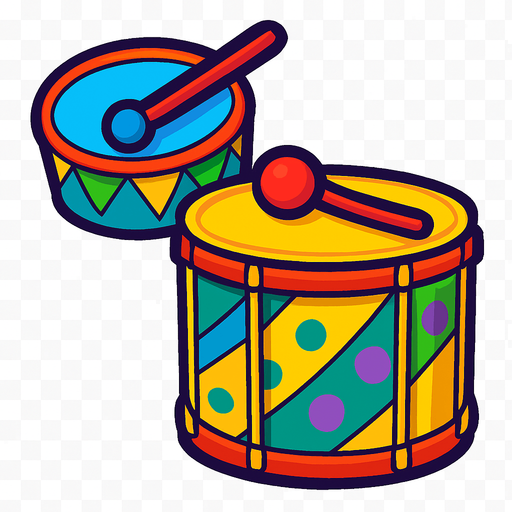 A bright, cartoon-style illustration of Brazilian samba drums including a tamborim and surdo, decorated with carnival colors. Transparent rounded background PNG, optimized for game asset..
In-Game asset.  2d.  High contrast.  No shadows