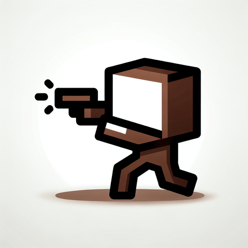 Brown block shooting a gun 2d.
Single Game Texture. In-Game asset. 2d. Blank background. High contrast. No shadows.