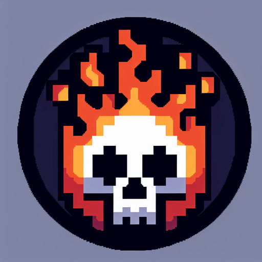 fireskull button. pixelart..
Single Game Texture. In-Game asset. 2d. Blank background. High contrast. No shadows.