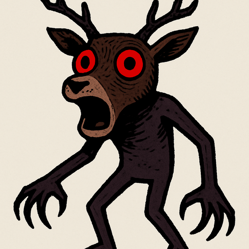 Cabeza de Ciervo: La figura posee una cabeza detallada de ciervo, con astas ramificadas de color oscuro (posiblemente negro o marrón oscuro). Tiene orejas puntiagudas y un hocico prominente de un tono más claro que el resto del cuerpo. Los ojos son grandes, completamente blancos con pupilas rojas gigantes y redondas, lo que le confiere una mirada vacía y sorprendente. La boca está abierta en una expresión que podría interpretarse como un grito o una mueca.

Cuerpo Humanoide: El cuerpo es de forma vagamente humana, con dos brazos largos y delgados que terminan en manos con lo que parecen ser garras o dedos muy alargados. Las piernas son también delgadas y la postura sugiere que está de pie. El color del cuerpo es principalmente marrón oscuro o morado oscuro..
In-Game asset.  2d.  High contrast.  No shadows