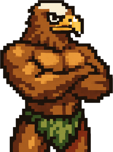 Aguila real furry fuerte cruzando los brazos sin camisa y gran pectoral con un taparrabos de hojas pixeleado todo el cuerpo.
In-Game asset.  2d.  High contrast.  No shadows