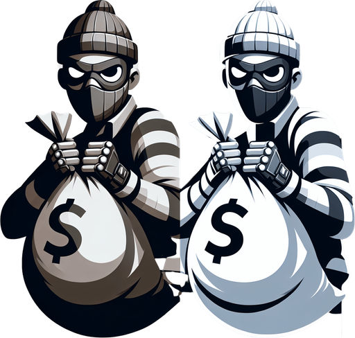 A thief with a mask and steal bag.
Single Game Texture. In-Game asset. 2d. Blank background. High contrast. No shadows.