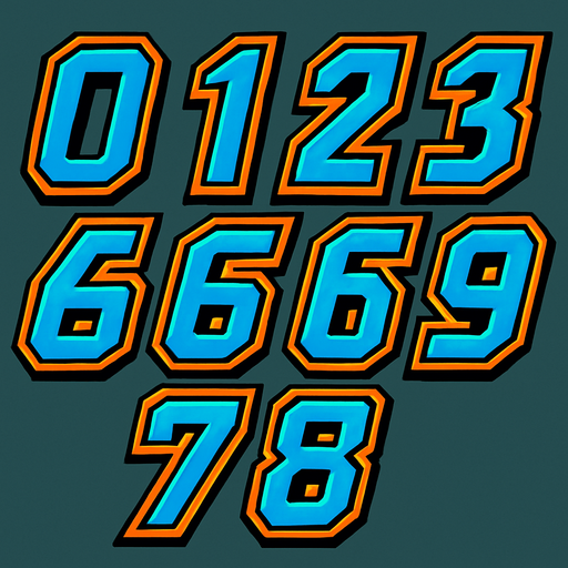 Display icons of Numbers 0 to 9 in SciFi comic style font.
In-Game asset.  2d.  High contrast.  No shadows