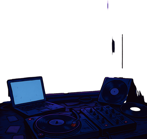 A 2048x2732 vertical background illustration in a semi-realistic comic book style. The scene depicts a moody DJ booth inside a small urban apartment at night, overlooking a vibrant neon-lit city through large glass windows. The DJ setup is stylish but lived-in — with vinyl records, scattered sticky notes, a glowing laptop screen, and faint light reflections on the desk. Outside, rain trickles down the window, and distant buildings flicker with purples, blues, and pinks. The entire environment feels reflective, lo-fi, and intimate — as if the city hums with a quiet rhythm. No characters, no text — just a story-rich, immersive menu backdrop..
In-Game asset.  2d.  High contrast.  No shadows