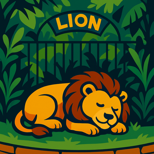 sleeping lion in a lion enclosure, jungle styled.
In-Game asset.  2d.  High contrast.  No shadows