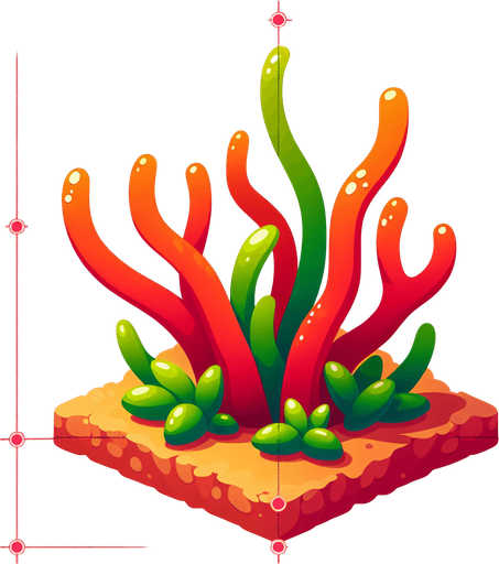 Coral with seeweed inside of it.
Single Game Texture.  In-Game asset.  2d.  Blank background.  High contrast.  No shadows