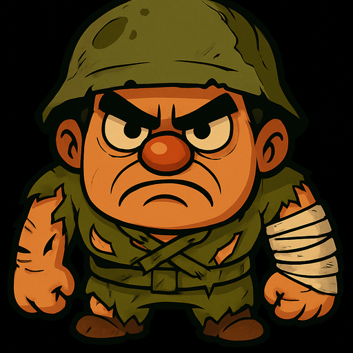 elbisesi ve şapkası yırtılmış kolu sargıda