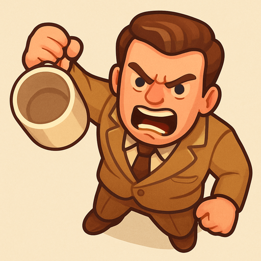 A guy in a leisure suit is 50s holding a large empty coffee cup in his arm facing down, he just threw the coffee at someone. Looks angry as fuck. Cute soft graphics. soft ambient light. semi-matte to satin surfaces. naturalistic with slight saturation boost colors. Tone is premium, friendly, clean with lifestyle or service-oriented appeal.
In-Game asset.  2d.  High contrast.  No shadows. top down. View from above..
In-Game asset.  2d.  High contrast.  No shadows