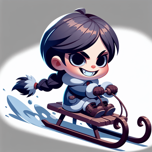 Little girl on a sledge, cartoon, winter, sideview, evil, winter boots Single Game Texture. In-Game asset. 2d. Blank background. High contrast. No shadows.